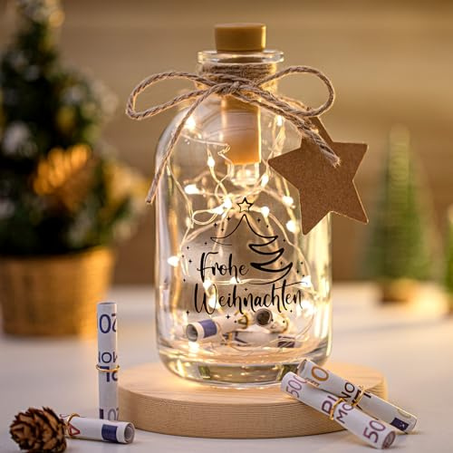 BBTO Geldgeschenke Weihnachten LED Flaschenlicht mit Spruch Frohe Weihnachten Flaschenlichterkette Beleuchtete Dekoflasche Geldgeschenke Verpackung Leuchtflasche Weihnachtsgeschenke