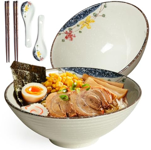 Ramen Lot de 2 bols à soupe en céramique de 1200 ml avec baguettes et cuillères - Style japonais - Grand saladier - Passe au micro-ondes et au lave-vaisselle - Motif fleur