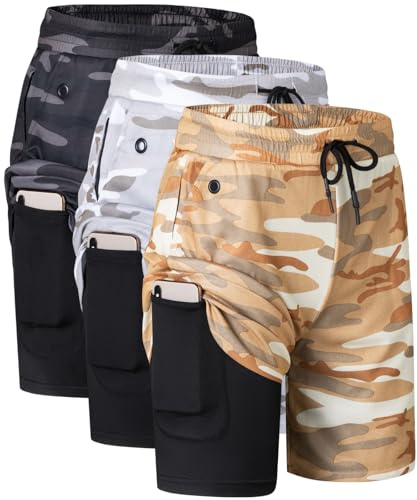 JWJ 3 Pack Men's 2 in 1 Workout Running Shorts 7 Inch Lightweight Athletic Gym Shorts with Compression Liner Camouflage Black Camo White Camo Khaki XL