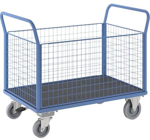 eurokraft pro | Plattformwagen mit Gitterwänden | 4 hohe Gitterwände, mit Zentralstopp, LxB 1350 x 800 mm