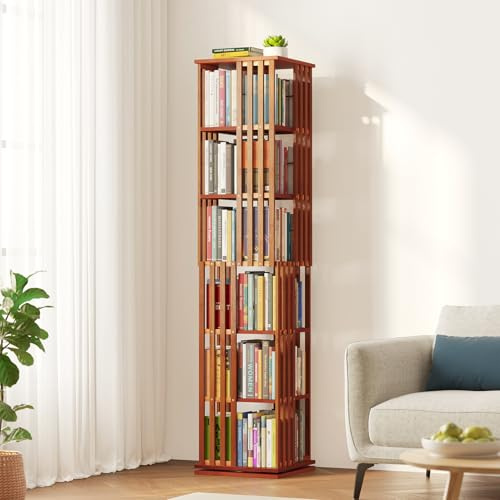 SpaceAid Drehbares Bücherregal mit 6 Etagen, Bambus, drehbares Bücherregal, 360 Grad drehbar, drehbar, drehbar, spiralförmig, Eck-Organizer (6 Ebenen, Walnuss)