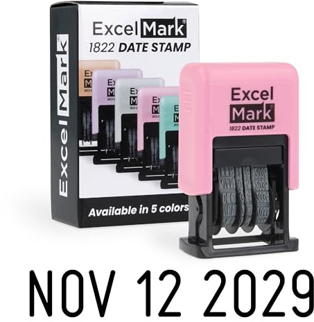 ExcelMark 1822 Date Stamp – Perfect for Shipping, Receiving, Expiration and Due Dates (Black Ink, Pink Mount)