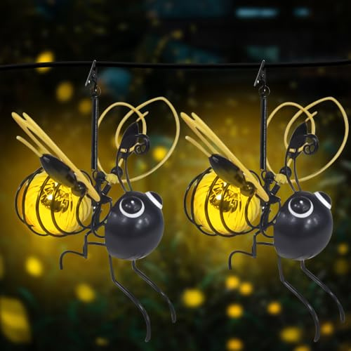 2PCS Bee Solar Lights Outdoor Garden, LED Hanging Metal Bees Lanterns, Novelty Solar Insect Simulation Light, Waterproof, Solar Fairy Garden Lights Decoration for Patio Yard Pathway Balcony