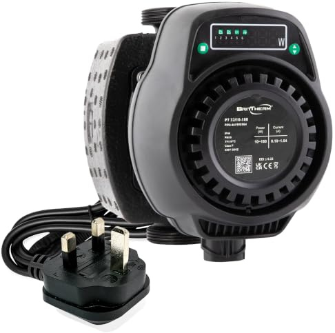 BritTherm P7 32/10-180 A-Rated Central Heating Circulating Pump | 10m Head, 10.8 m3/h Max Flow, UK Plug | 9 Auto Programs, 180mm Port-to-Port, 2 Ports