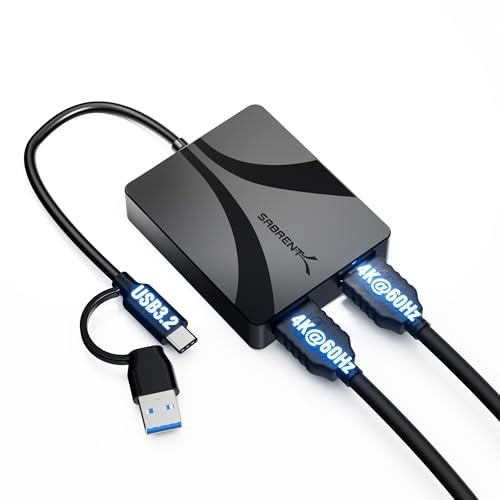 SABRENT USB-C/A zu Dual HDMI Adapter - 4K@60Hz, Erweiterter & Spiegelmodus, kompatibel mit Alt Mode & DisplayLink, Aluminium Gehäuse, HDCP & Audio Unterstützung, Plug & Play (DA-CA2H)