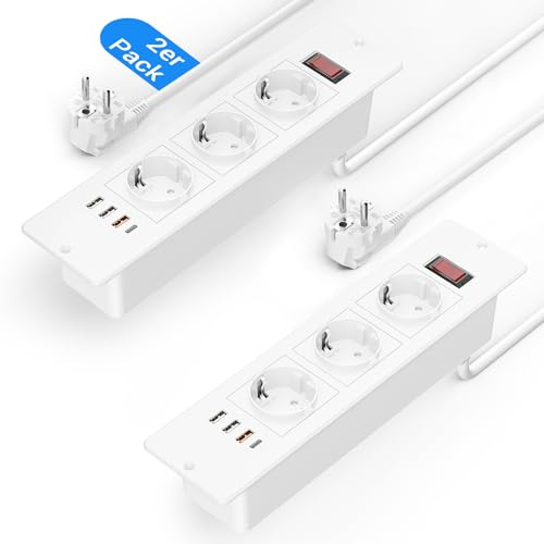 2er Pack Tischplatte Versenkte Steckdose mit USB C PD 20W und 3 USB A, Einbau Steckdosenleiste USB C 20W, Versenkte Tischsteckdose Weiß