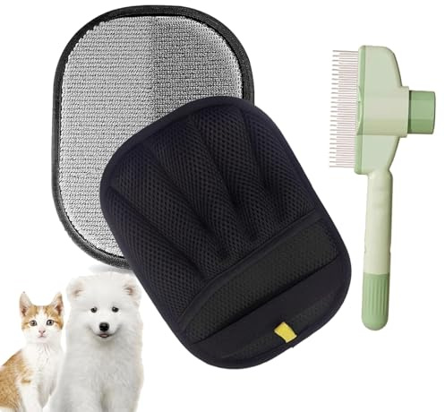 Gant de toilettage double face pour animaux de compagnie + brosse poils animaux Ensemble deux pièces, Gants Toilettage Statiques réutilisables, Animal Remover for Cats, Dogs, Rabbits, Small Animals