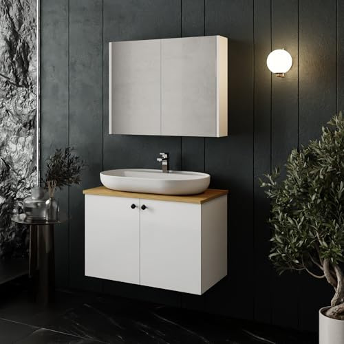 Badmöbel Set Weiß | Badezimmermöbel 3 teilig | Waschtisch mit Unterschrank | Waschbecken | Spiegelschrank | Waschbeckenunterschrank | Badschränke | Komplettset (Mimoza 80 mit Konsole Eiche)