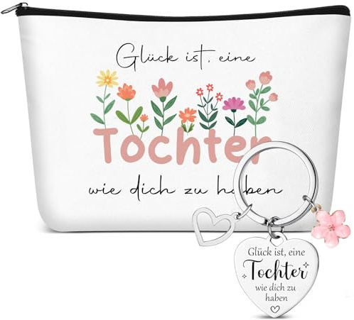 Hestya 2 Stück Geschenkset für Damen Schminktasche und Schlüsselanhänger | Rosa Edelstahl Schlüsselanhänger, Blumen Schminktasche, Geburtstagsgeschenk, Abiball, für Alltag, für Besondere Anlässe
