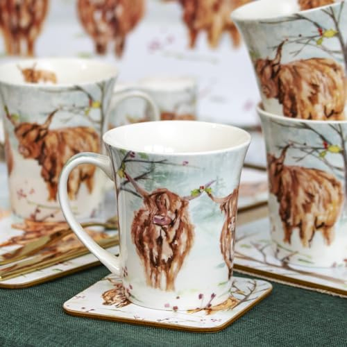 Darthome Set of 4 Christmas Highland Cow Mugs 300ml Giftboxed Fine China Xmas Coffee Cups