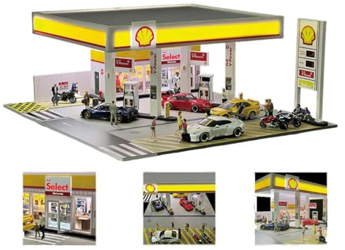 ControlCraze Shell Station de service miniature, modèle de scène avec éclairage, hydrantes, poubelle et accessoires, compatible avec les modèles de voitures moulées sous pression 1/64 (voitures et