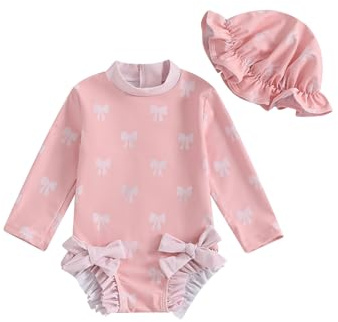DivingBirds Baby Girls Swimming Costume, Toddler Girls Swimsuit with Sun Hat Infant Swimwear Pink for 12-18 Months