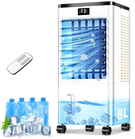 Portable Air Conditioner, 4-in-1 Evaporative Air Cooler with 3 Speeds and 120°Oscillation, 8L Large Water Tank, 45dB Quiet Cooling Fan, Energy-Saving Portable AC with Wheels for Home, Office, Bedroom