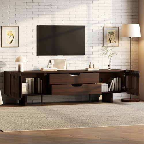 180 x 40 x 45 cm soporte para TV en nogal oscuro, dispone de dos cajones y puertas de armario únicas, mueble de TV, armario de TV, gabinete de salón, armario de televisión, adecuado para televisores
