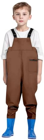 Wathose Kiinder Wathose für Jungen Mädchen Anglerhose mit Verstellbarer Schultergurt Outdoor Kinderrutschfest Bootfoot Gummi Watstiefel für Kiinder Jungen Mädchen (1-Coffee, 10-11 Years)
