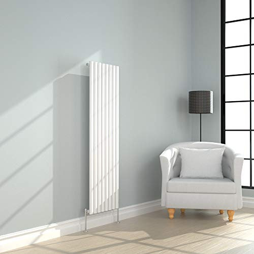 NRG 1600 x 472 mm Vertical Column Radiator Gloss White Single Oval Panel | Designer Radiator Bathroom Central Heating | with One Pair of Free Modern Angle Valves