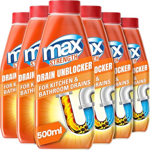 Max Strength Drain Unblocker 500ml, 6 Pack – Kitchen & Bathroom Sink Unblocker for Showers, Sinks, Basins, Baths – Heavy-Duty Plug & Drain Cleaner
