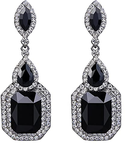 Clearine Femme Mariage Mariée Pendants d'Oreilles Clip-On Cristal Carré Lustre Boucles Noir