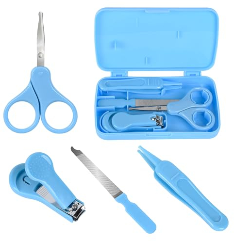 Econtal Set de Cuidado de Uñas de Bebé, 4-en-1 azul, Cortaúñas para Bebés, Tijeras e Lima de Uñas, Pinzas para Niños Pequeños, Recién Nacidos