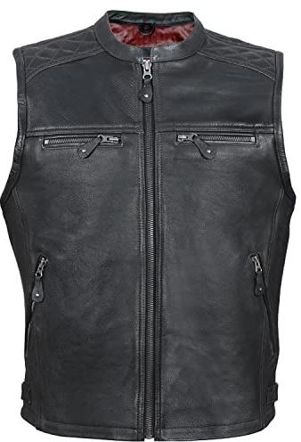 Kerozen Eddie Biker - Chaleco piel vaca natural plena flor cuero vintage con cremallera hombre, chaqueta cuero sin mangas, chaleco motociclista correas laterales ajuste cintura, Negro