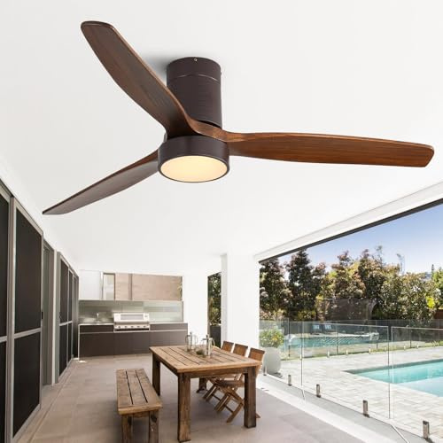 Sofucor 52 Inch Ceiling Fans with Lights, Flush Mount Ceiling Fan with Lights and Remote, Reversible DC Motor, Indoor/Outdoor 3 Blade Solid Wood Ceiling Fans for Bedroom Living Room Patio Farmhouse