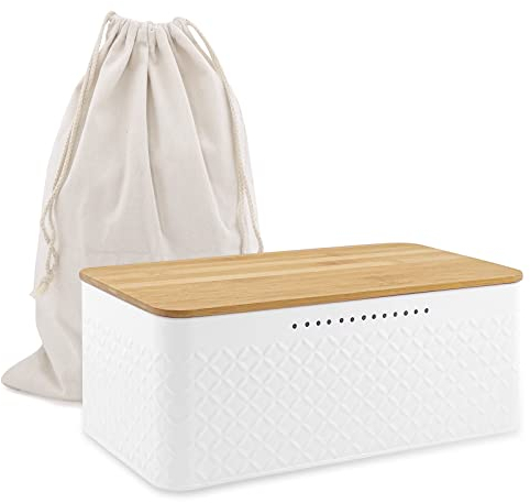 Contenitore per il pane,con coperchio in bambù [funzione 2 in 1], può essere utilizzato come tagliere, in acciaio al carbonio,Viene fornito con un sacchetto per il pane (bianco, 33,2 x 19 x 13 cm)