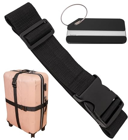 Kofferband Set mit Kofferanhänger, 200 cm Gurtband mit Schnalle für mehr Sicherheit, in Schwarz, mit Namensschild, Koffergurte mit Adressschild zum Reisen und Fliegen, Kofferspanngurte, Gurt Koffer