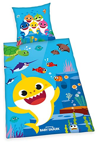 Baby Shark Bettwäsche, Kopfkissenbezug ca. 80x80 cm, Bettbezug ca. 135x200 cm, mit Knopfleiste, 100% Baumwolle, Renforcé