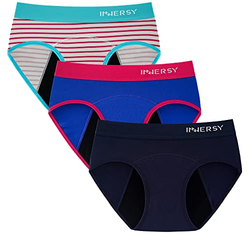 INNERSY Menstruationsunterwäsche Mädchen Perioden Unterwäsche Teens Slip Period Underwear 3er Pack (12-14 Jahre, Marineblau+Royalblau+Streifen)