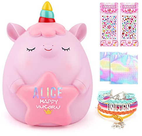 TCJJ Piggy Banks For Kids, Unicorn Money Box For Girl,Money Box For Kids 2 Alphabet & 2 Rhinestone Stickers & Unicorn Bracelet Set,Girls Unicorn Gifts For Birthday,Christmas