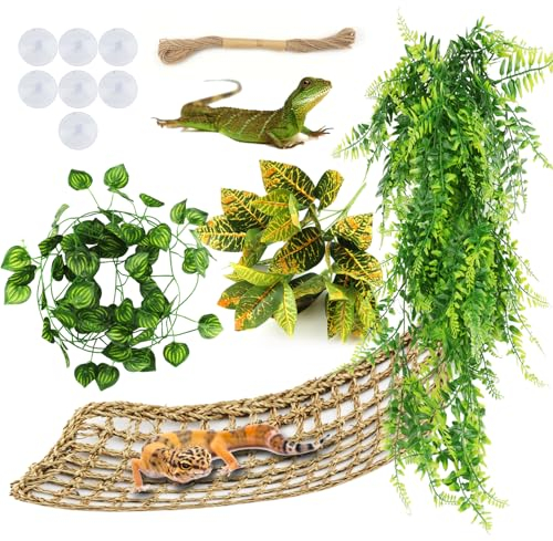 QUOZUO Bearded Dragon Hammock Reptile Hide decor, Leopard Gecko Tank Accessories Reptile Hammock with Jungle Climbing Vines Hanging Plants Artificial Leaves for Chameleon, Lizards, Gecko, Snakes