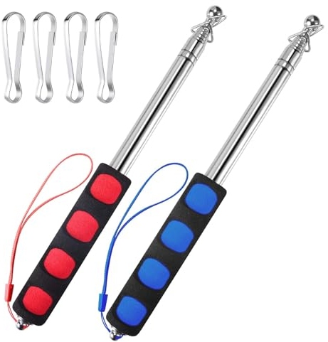ChAusa 2 Pezzi Asta Bandiera Telescopica, 1.6m Aste Telescopiche per Bandiere Portatili, Asta della Bandiera Acciaio Inox, con 4 Ganci per Guide Turistiche, Viaggio, Campeggio (Rosso e Blu)