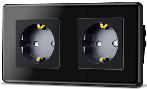 TAWOIA Schuko Steckdose, EU-Standard 2 Fach Unterputz Mit 2,5D Gebogenes Glas Platte, Wandsteckdosen Schwarz 86 * 157mm