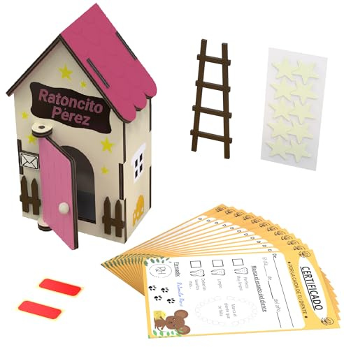 Casita Ratoncito Pérez - Puerta Mágica y Caja de Dientes de Leche para Niños - Madera Rosa