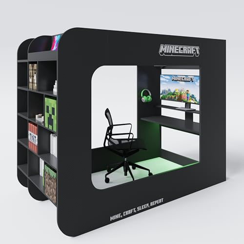 Minecraft - Kojenbett, Hochbett, Gamingbett 120x90cm, mit Leiter, Schreibtisch und Stauraum, Schwarz Carbon Optik