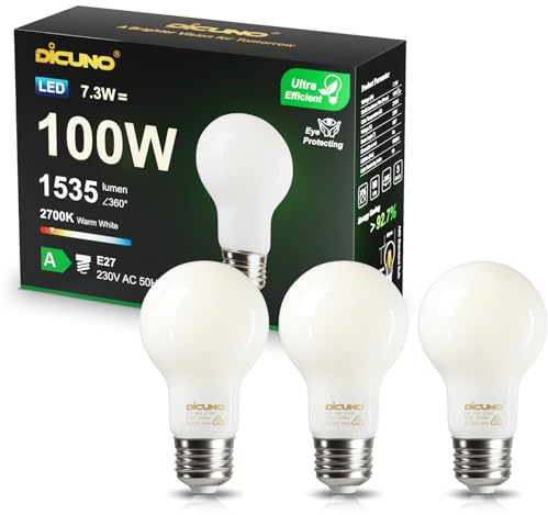 DiCUNO Ultraeffiziente E27 LED Lampe, 7,3W=100W, Warmweiß 2700K, 3er Pack | Matte Energieklasse A E27 LED, 1535lm, nicht dimmbar, Blendfrei, Flackerfrei, ideal für Pendel-, Tisch-, Steh-, Wandleuchten