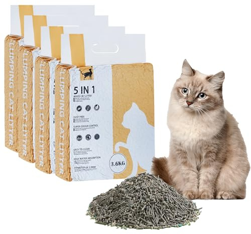 Suhaco 5-in-1 gemischtes klumpendes Katzenstreu, staubfrei, natürlich spülbar, geruchsfrei, Aktivkohle, Ultra-saugfähig und schnell trocknend, Katzenstreu für Katzentoilette, 3,6 kg/Packung (4 Pack)