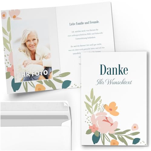 10 Dankeskarten Klappkarten Set A6 - personalisierte Danksagungskarten | Danke Hochzeit Geburtstag Taufe Konfirmation Kommunion Jugendweihe Umschlag Blumen Motiv
