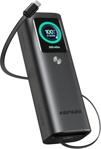 AsperX Laptop Powerbank 20000mAh,Total 165W Schnellladen Power Bank,Eingebaute Einziehbare USB C Kabel,Akkupack Compatible with MacBook/Dell/HP/Lenovo/iPad, iPhone 17/16,Galaxy S24/S23 (Dunkelgrau)
