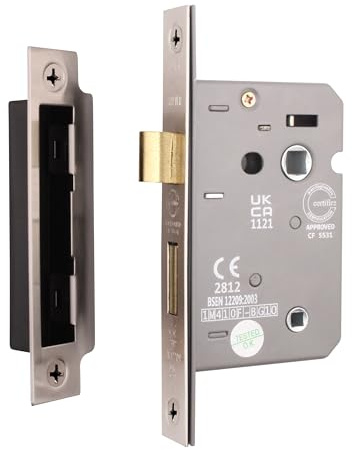 EAI Satin Nickel Bathroom Lock, 64mm / 2.5 Inch, Fire Rated, Pack of 2 | Mortice Lock for Internal Doors with 44mm Backset, 30/60 Minute Fire Tested, Adjustable Keep, Dust Box and Fixings Included
