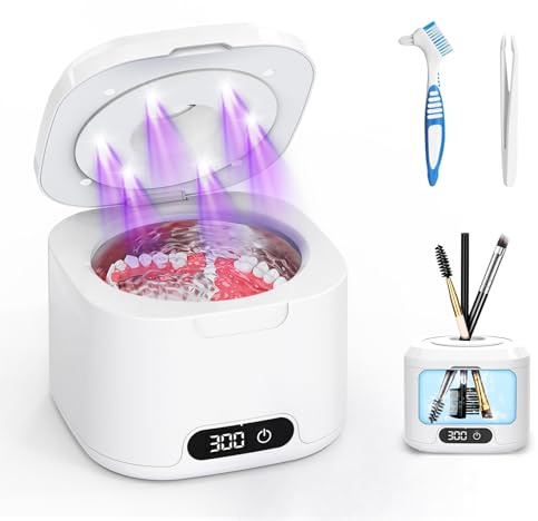 Robofun Ultraschallreinigungsgerät 50000Hz mit 6 UV-Licht & 4 Modes, 340ML Ultraschallreiniger - Ultrasonic Cleaner für Zahnersatz, Retainer, Aligner, Prothesen, Zahnbürstenkopf, Schmuck