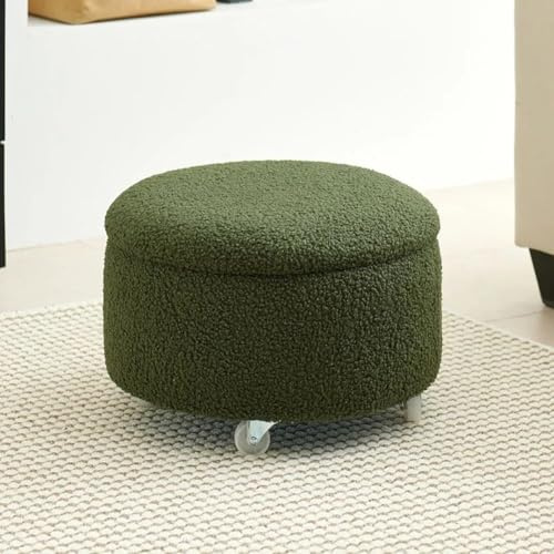 MUMUXIAO Runder Ottomane mit Stauraum für Wohnzimmer, Schlafzimmer, gepolsterter, weich gepolsterter Sitz, Fußstütze, Hocker mit Deckel, Teddy-Samt-Hocker mit Universalrollen (grün)