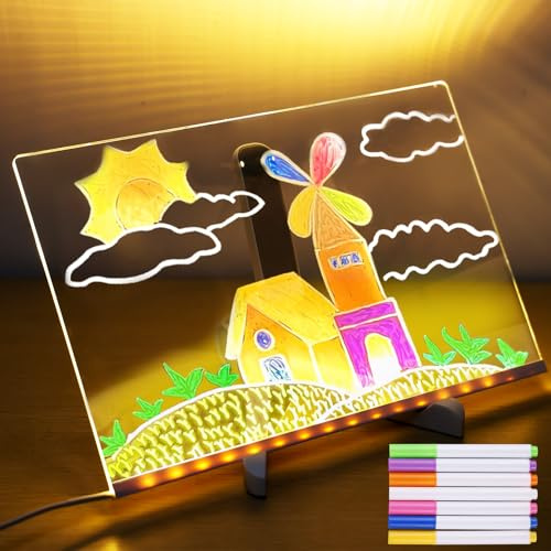 Lavagna per appunti a LED con colori, 30 x 20 cm, in acrilico, con penna in 7 colori e supporto regolabile, lavabile, lavagnetta da scrivere a LED, in acrilico trasparente, per negozi, appartamenti