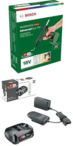 Bosch pistola de pegar a batería AdvancedGlue 18V (4 barras de cola; calienta en 90 s; modo doble temp.130 °C - 200 °C)+ Bosch Kit de démarrage de batterie 18 V(batterie 2,5 Ah, chargeur, système18 V)