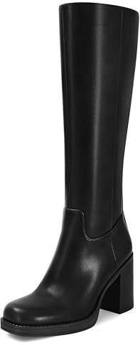WJZDSJCO Black Leather Knee High Boots for Women Chunky Platform Block Heeled Going Out Boot Square Toe High Heel Tall Long Fall Boot Side Zipper