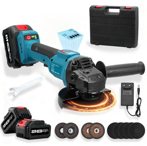 Meuleuse d'angle sans fil 800 W - 21 V - Sans balais - Avec 2 batteries de 4,0 Ah - Diamètre du disque : 125 mm - 9000 tr/min - Pour disques à tronçonner, disques à lamelles pour couper et poncer