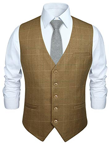Hisdern Formell väst för bröllopsfest, bomull, rutig, fin kostymväst för män, 02 khaki, L