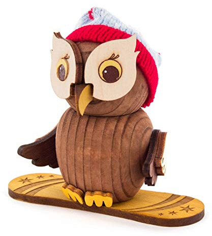Kuhnert Minieule mit Snowboard Dekofigur Original Erzgebirge Handarbeit Holzfigur Eule in modernem Design Sammlerfigur Eule Dekorationsfigur Mini-Eule