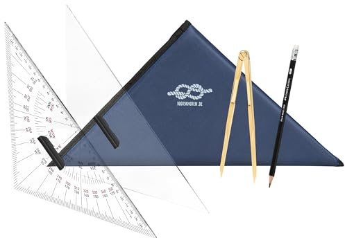 Navigationsbesteck für den Sportbootführerschein SBF See & Binnen | Navigationszirkel, Kursdreieck & Anlegedreieck (je 33cm), Bleistift und Tasche | Navigationsset perfekt für unterwegs