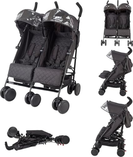 X ADVENTURE Doppelbuggy Geschwisterwagen Schwarz – Duo Buggy Zwillingsbuggy nebeneinander, 2 unabhängige Sitze & Sonnendächer, ab 6 Monate bis ca. 22 kg je Kind, 5-Punkt-Gurt